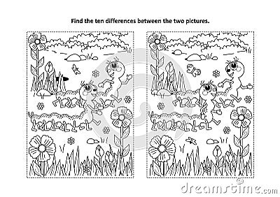 Find the differences visual puzzle and coloring page with two cute caterpillars Vector Illustration