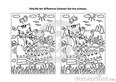Find the differences visual puzzle and coloring page with two kittens and old shoe Vector Illustration