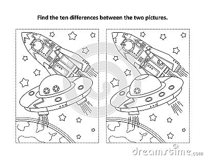 Find the differences visual puzzle and coloring page with UFO, Earth, spaceship Vector Illustration