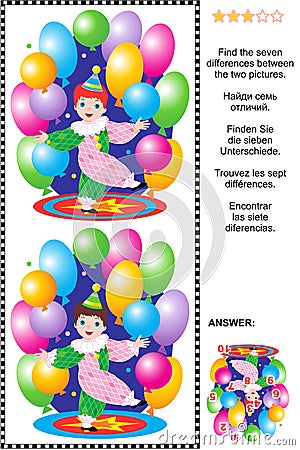 Find the differences visual puzzle - little circus clown Vector Illustration
