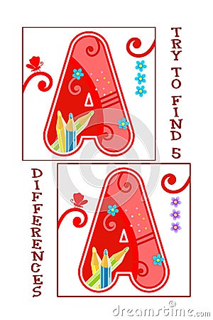 Find 5 differences visual puzzle or picture riddle with decorated letter A Stock Photo