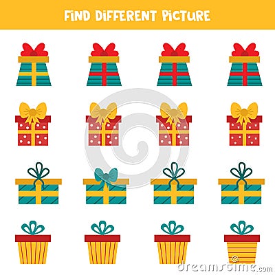 Find different picture of present Christmas box in row. Vector Illustration