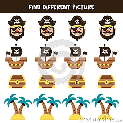 Find pirate object which is different from others. Worksheet for kids. Vector Illustration