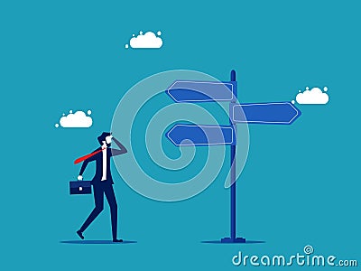 Find direction or find a path to success. .Businessman judges on road signs Vector Illustration