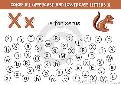 Find and dot all letters X. Educational worksheet for learning alphabet. Cute xerus. Vector Illustration