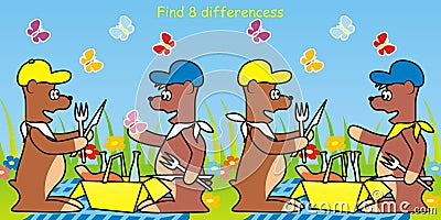 Find eight differences, bears and picnic, game, eps. Vector Illustration