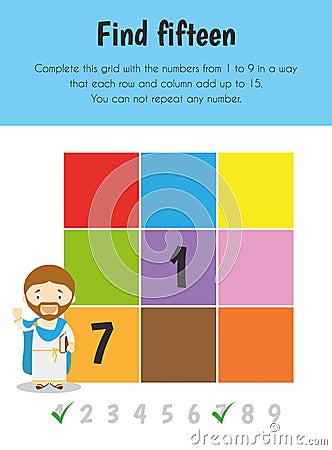 Find fifteen Educational Sheet. Primary module for Numerical Ability. 5-6 years old Vector Illustration