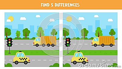 Find five differences between pictures. Cityscape with transport. Vector Illustration
