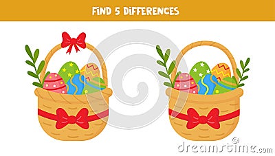 Find five differences between pictures. Easter baskets. Vector Illustration
