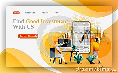 Find a good investment Vector Web Illustration, people analyze data to make decision on financial market. Easy to use for website Vector Illustration