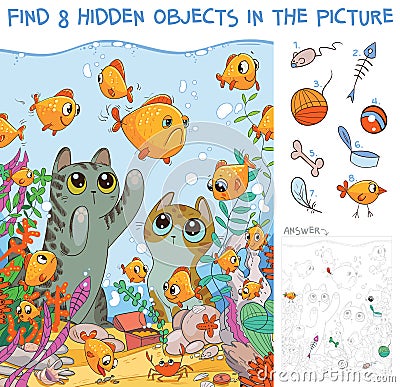 Find hidden objects. Cats looking at fish in an aquarium Vector Illustration