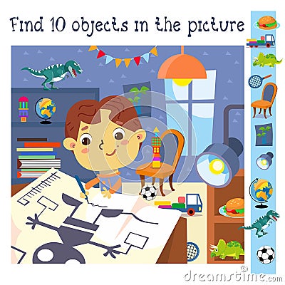 Find 10 hidden objects. Educational game for children. Cute boy draws models of robot. Cartoon character. Vector Vector Illustration