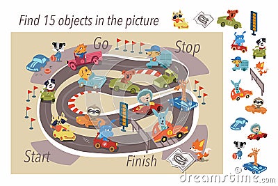 Find 15 hidden objects in picture. Cute animals in cars on track. Children Game. Activities, vector illustration. Vector Illustration