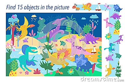 Find 15 hidden objects in picture. Dinosaurs in Jurassic Park. Vector color illustration. Activity childrens game. Vector Illustration