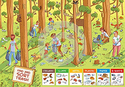 Find hidden objects in the picture. Find and sort the trash. Family collecting garbage Vector Illustration