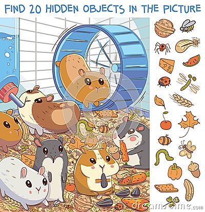 Find 20 hidden objects in the picture. Hamsters in a cage Vector Illustration