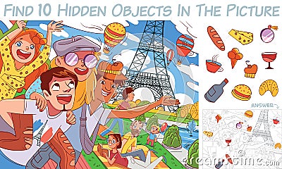 Find 10 hidden objects in the picture. Puzzle Hidden Items Vector Illustration