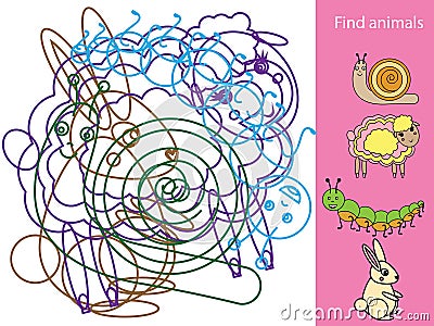 Find hidden objects and shapes. Educational game. Animals theme. Activity for toddlers and children Vector Illustration