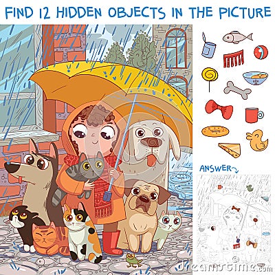 Find hidden objects. Under umbrella. Little girl protects homeless pets from rain Vector Illustration