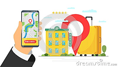 Find hotel and booking online service for vacation tourism app concept. Travel apartment mobile search and reservation Vector Illustration