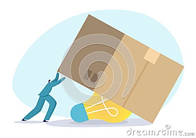 Find idea solution under box, vector illustration, flat tiny person man character lift up cardboard box for getting Vector Illustration