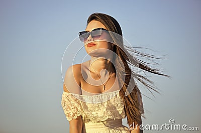 Find inner strength. Girl in sunglasses copy space. Freedom. Carve out time for yourself. Harmony and balance. Female Stock Photo