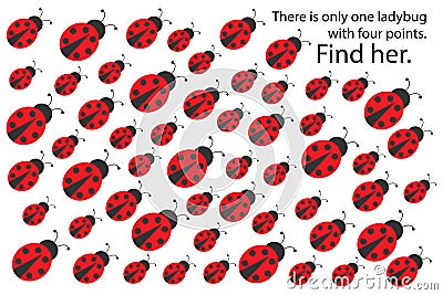 Find ladybug with 4 spots, spring fun education puzzle game for children, preschool worksheet activity for kids, task for the Stock Photo