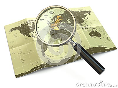 Find locations. Loupe and mapof the world. Stock Photo