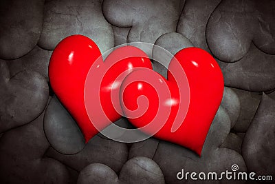 Find love concept. Two red hearts among many black and white ones. Stock Photo