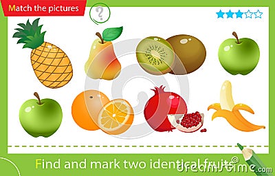 Find and mark two identical items. Puzzle for kids. Matching game, education game for children. Color image of fruits. Banana, Vector Illustration