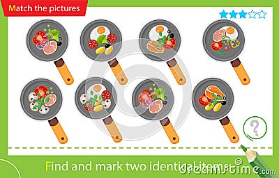 Find and mark two identical items. Puzzle for kids. Matching game, education game for children. Color image of frying pans and Vector Illustration