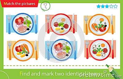 Find and mark two identical items. Puzzle for kids. Matching game, education game for children. Color image of portion lunch or Vector Illustration