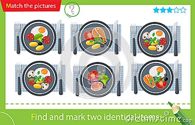 Find and mark two identical items. Puzzle for kids. Matching game, education game for children. Color image of portion lunch or Vector Illustration