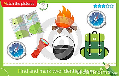 Find and mark two identical items. Puzzle for kids. Matching game, education game for children. Color images of backpack with Vector Illustration