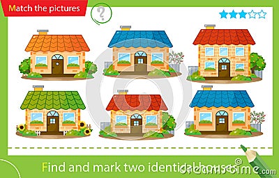 Find and mark two identical items. Puzzle for kids. Matching game, education game for children. Color images of brick houses. Vector Illustration