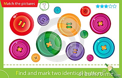 Find and mark two identical items. Puzzle for kids. Matching game, education game for children. Color images of multicolored Vector Illustration