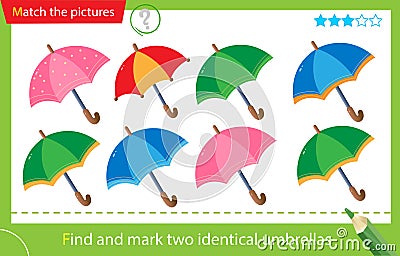 Find and mark two identical items. Puzzle for kids. Matching game, education game for children. Color images of multicolored Vector Illustration
