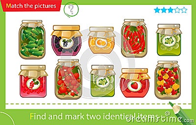 Find and mark two identical items. Puzzle for kids. Matching game, education game for children. Jars of jams and pickles. Vector Illustration