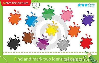 Find and mark two identical items. Puzzle for kids. Matching game, education game for children. Multicolored paint. Worksheet for Vector Illustration