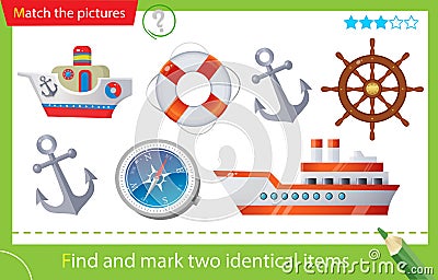 Find and mark two identical items. Puzzle for kids. Matching game, education game for children. Worksheet for preschoolers Vector Illustration