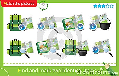 Find and mark two identical tourist sets. Puzzle for kids. Matching game, education game for children. Backpack with bowler, map Vector Illustration