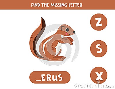 Find missing letter with cartoon xerus. Spelling worksheet. Vector Illustration