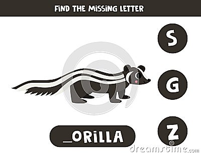 Find missing letter with cartoon zorilla. Spelling worksheet. Vector Illustration