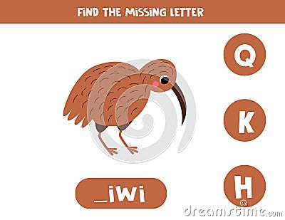 Find missing letter. Cute cartoon kiwi bird. Educational spelling game for kids. Vector Illustration