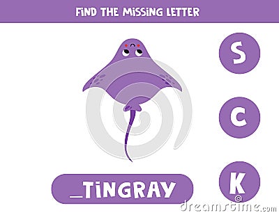 Find missing letter with cute purple stingray. Spelling worksheet Vector Illustration