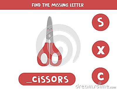 Find missing letter with cute scissors. Spelling worksheet. Vector Illustration