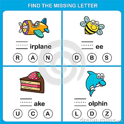 Find the missing letter.Education game for kids Vector Illustration