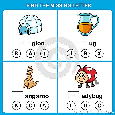 Find the missing letter.Education game for kids Vector Illustration