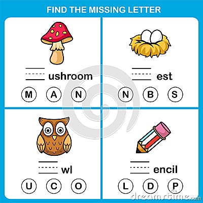 Find the missing letter.Education game for kids Vector Illustration