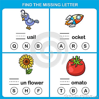 Find the missing letter.Education game for kids Vector Illustration